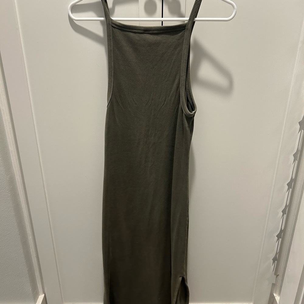 Olive Green Ribbed Midi Dress - Picture 4 of 5